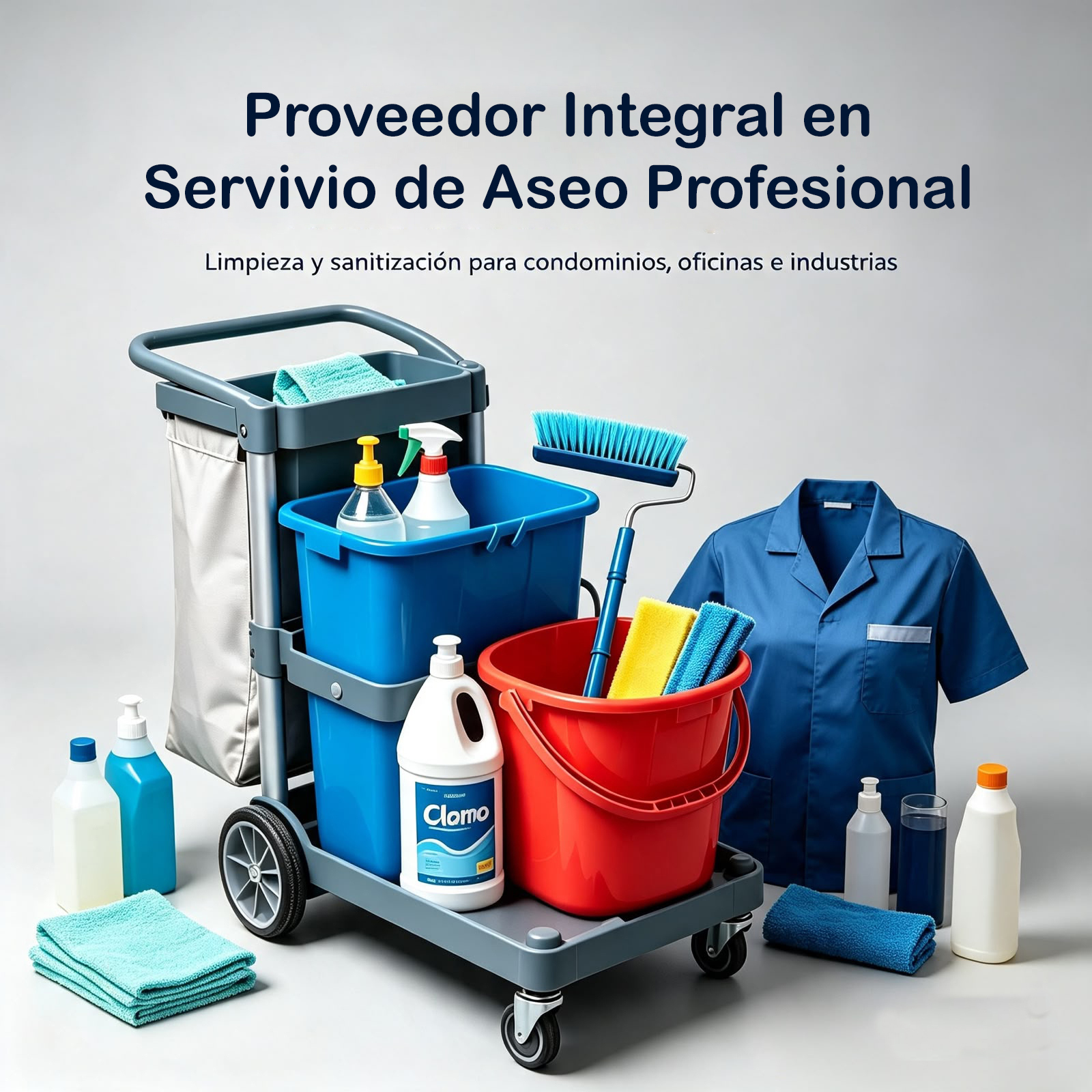 Mujer usando ropa corporativa con productos de escritorio, aseo, abarrotes y ferretería organizados